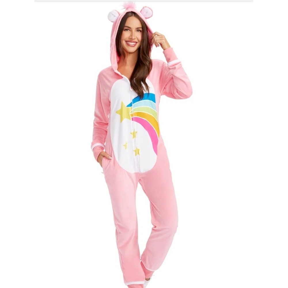 Tipsy Elves Care Bears Cheer Bear Pink Plush Jumpsuit Pajamas Womens M Cozy